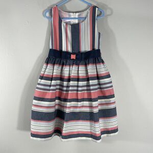 Bonnie Jean Sleeveless Dress Girls Size 5 Chambray Coral Blue Stripes Bow Detail